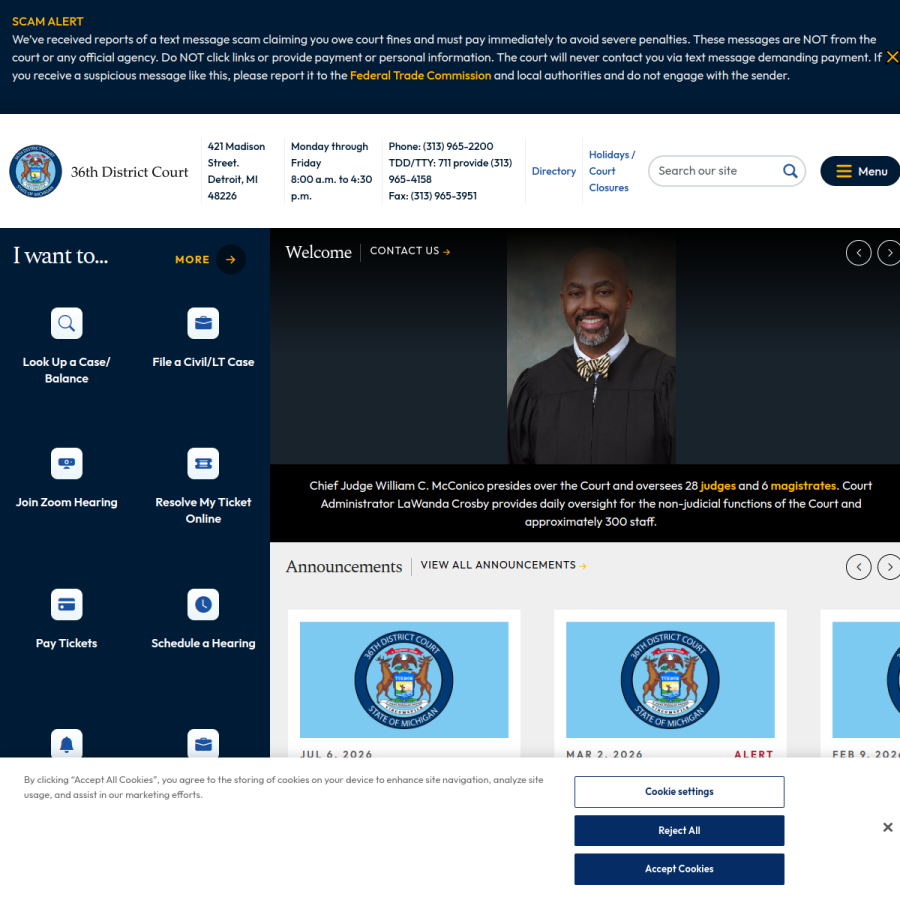 36thdistrictcourtmi.gov homepage screenshot