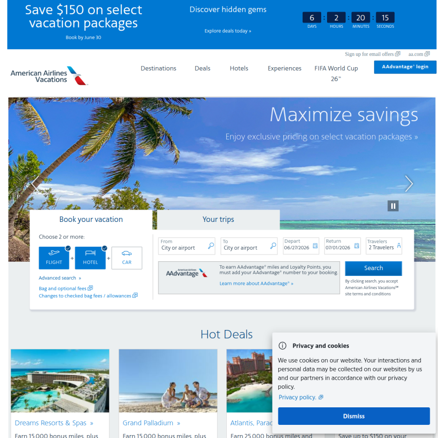 aavacations.com homepage screenshot