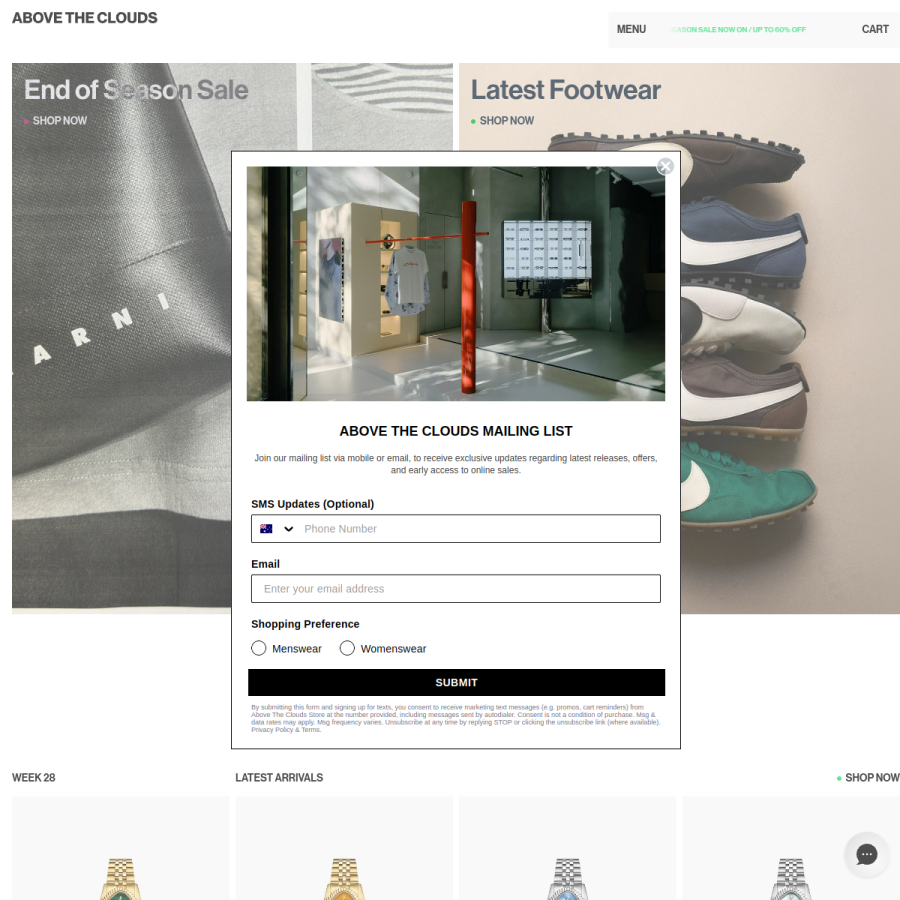 abovethecloudsstore.com homepage screenshot
