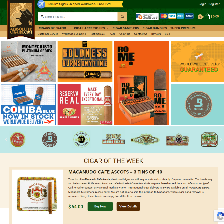 absolutecigars.com homepage screenshot