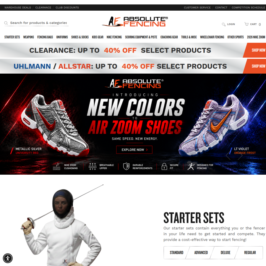 absolutefencinggear.com homepage screenshot