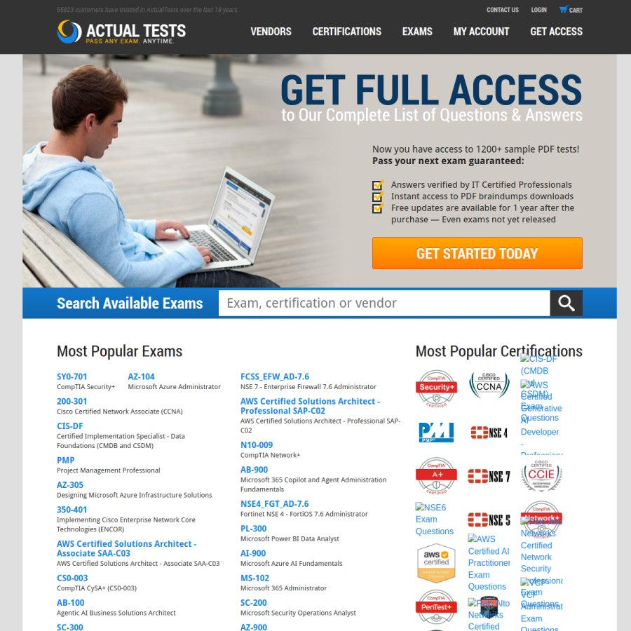 actualtests.com homepage screenshot