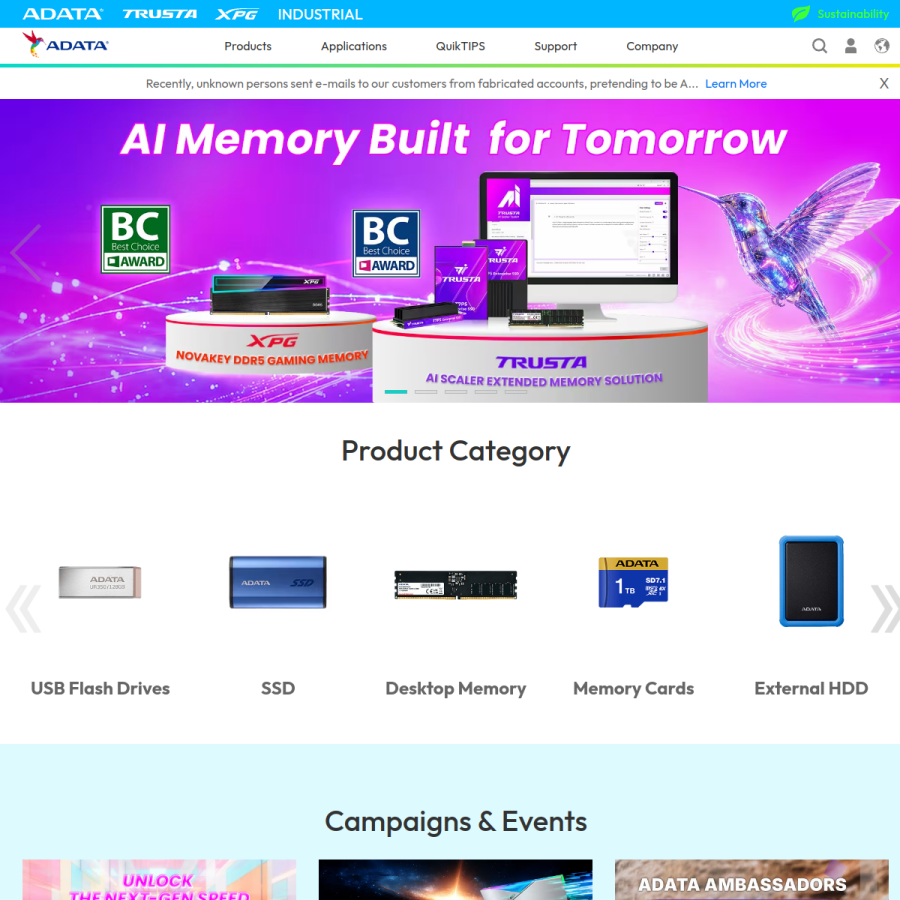 adata.com homepage screenshot