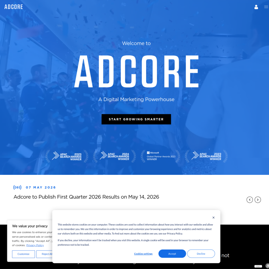 adcore.com homepage screenshot