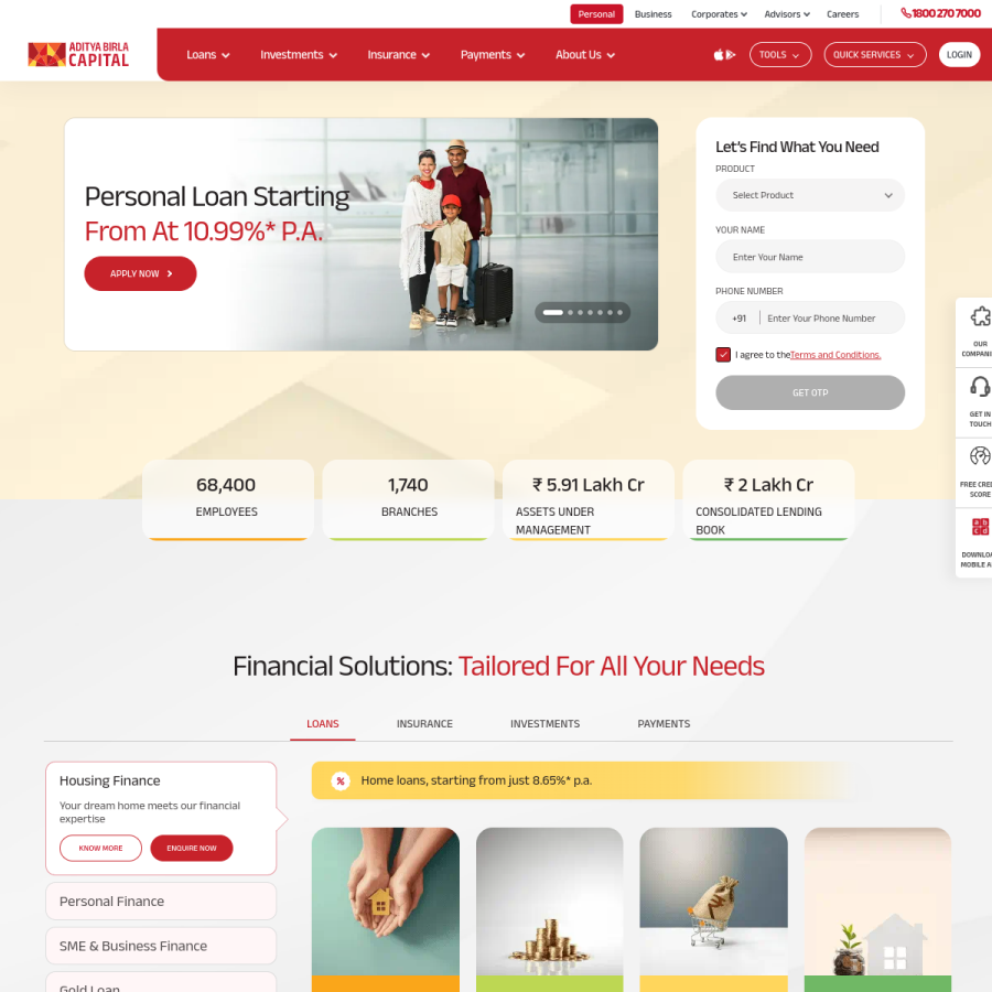 adityabirlacapital.com homepage screenshot