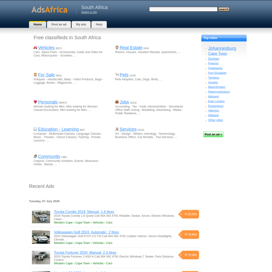 adsafrica.co.za homepage screenshot