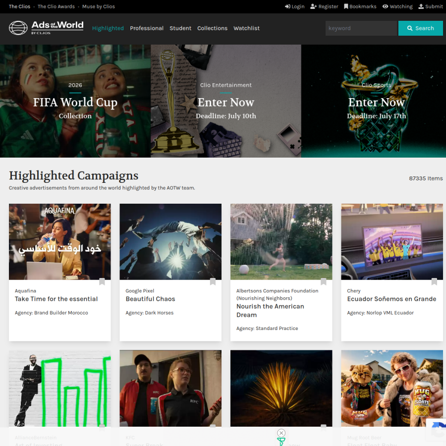 adsoftheworld.com homepage screenshot