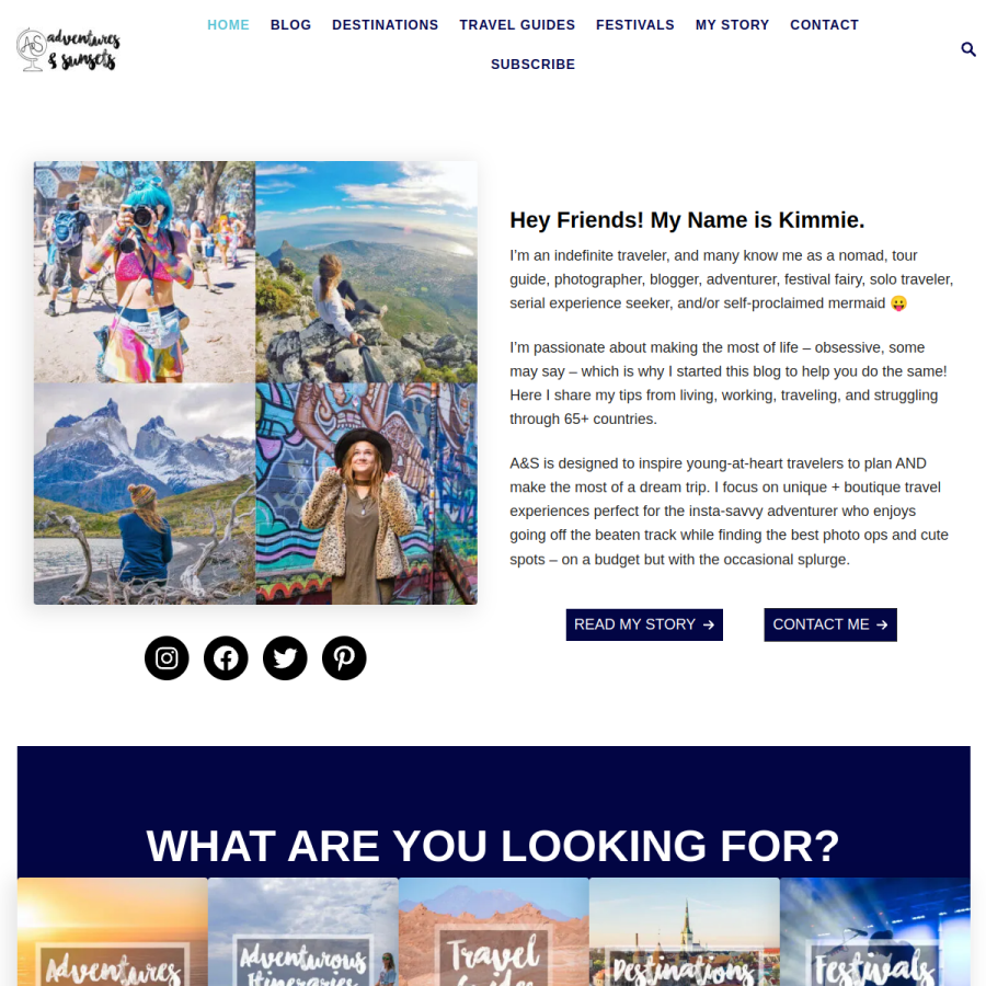 adventuresnsunsets.com homepage screenshot