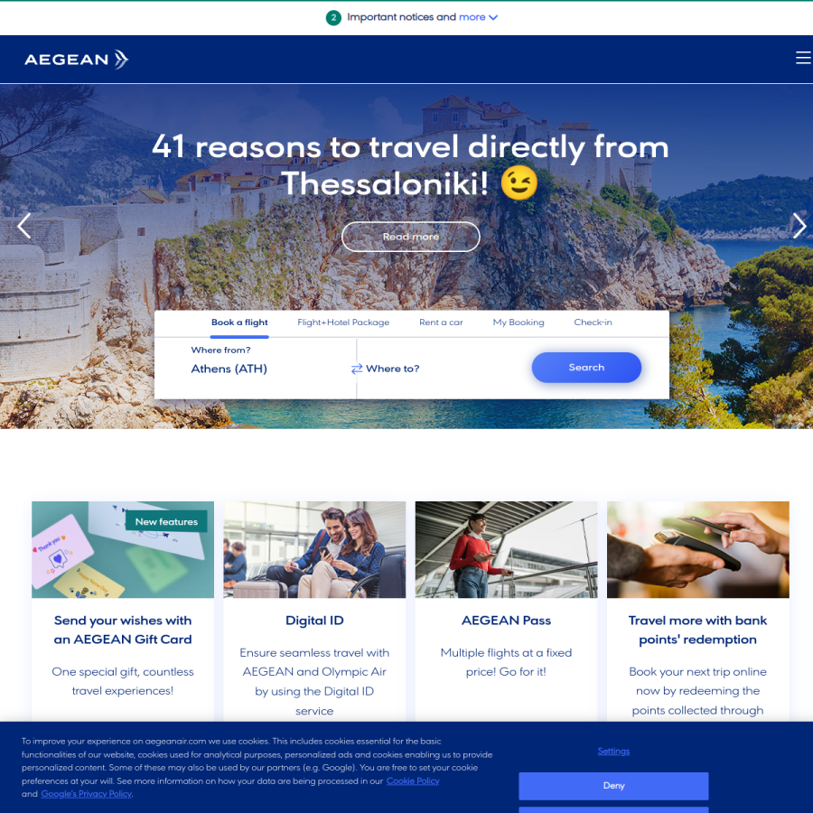 aegeanair.com homepage screenshot