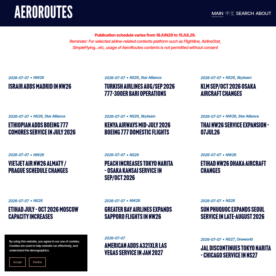 aeroroutes.com homepage screenshot
