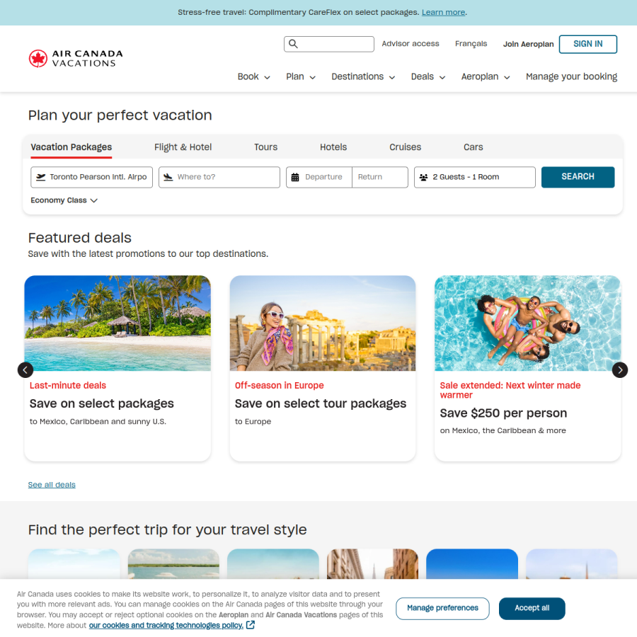 aircanadavacations.com homepage screenshot