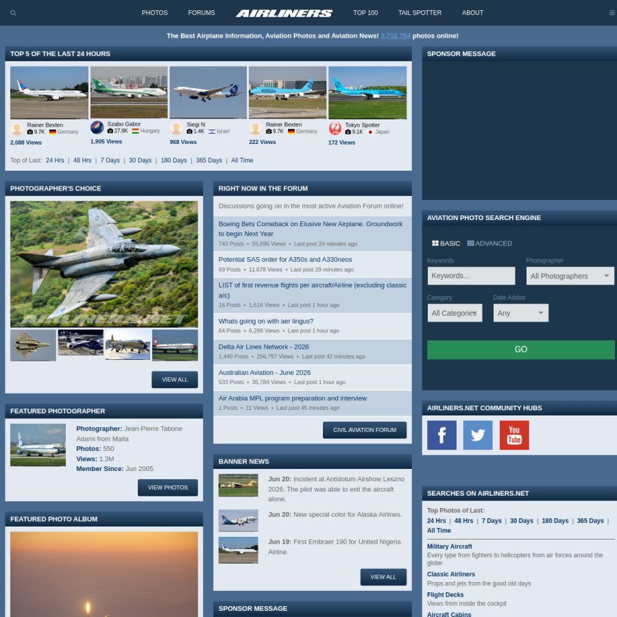 airliners.net homepage screenshot