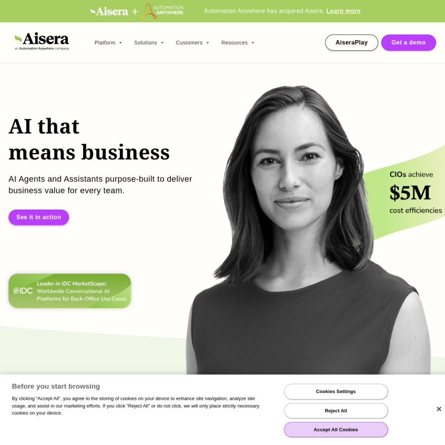 aisera.com homepage screenshot