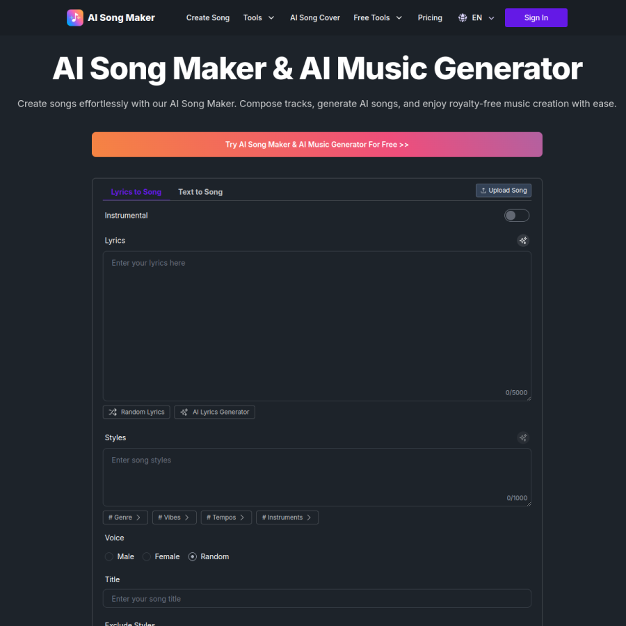 aisongmaker.io homepage screenshot