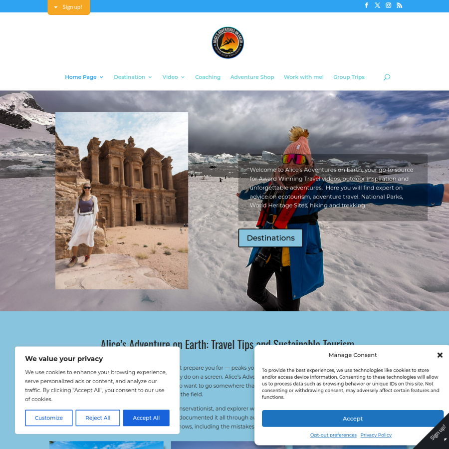 alicesadventuresonearth.com homepage screenshot