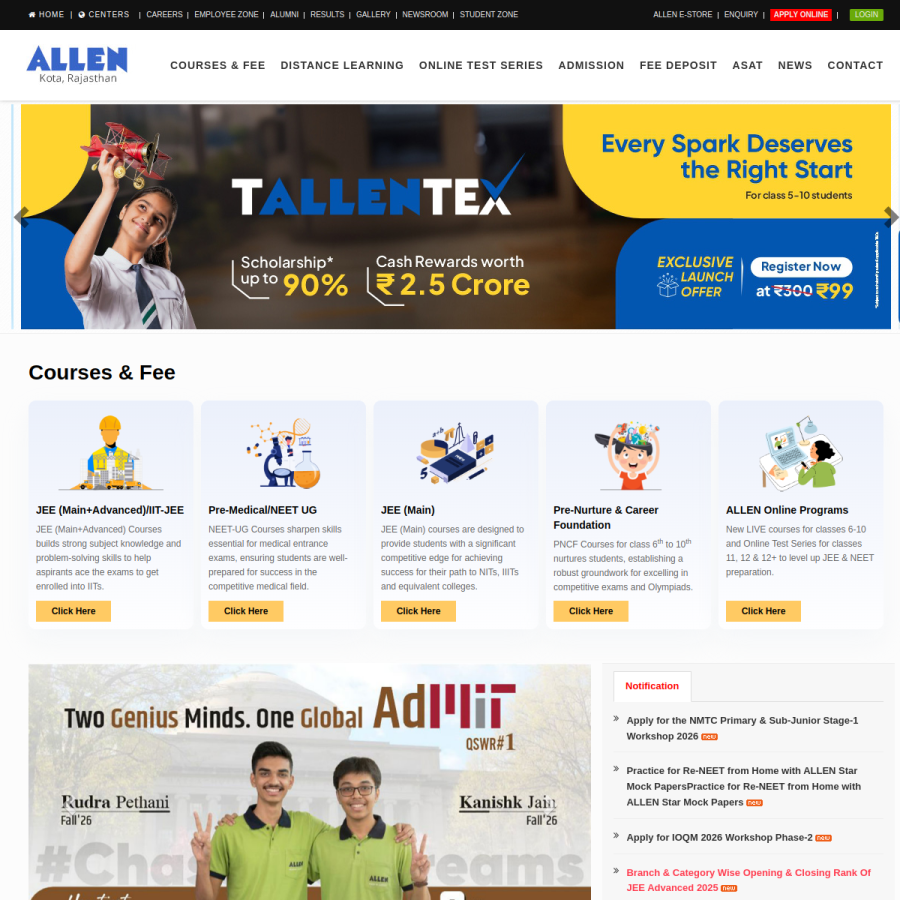 allen.ac.in homepage screenshot