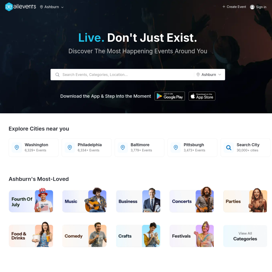 allevents.in homepage screenshot