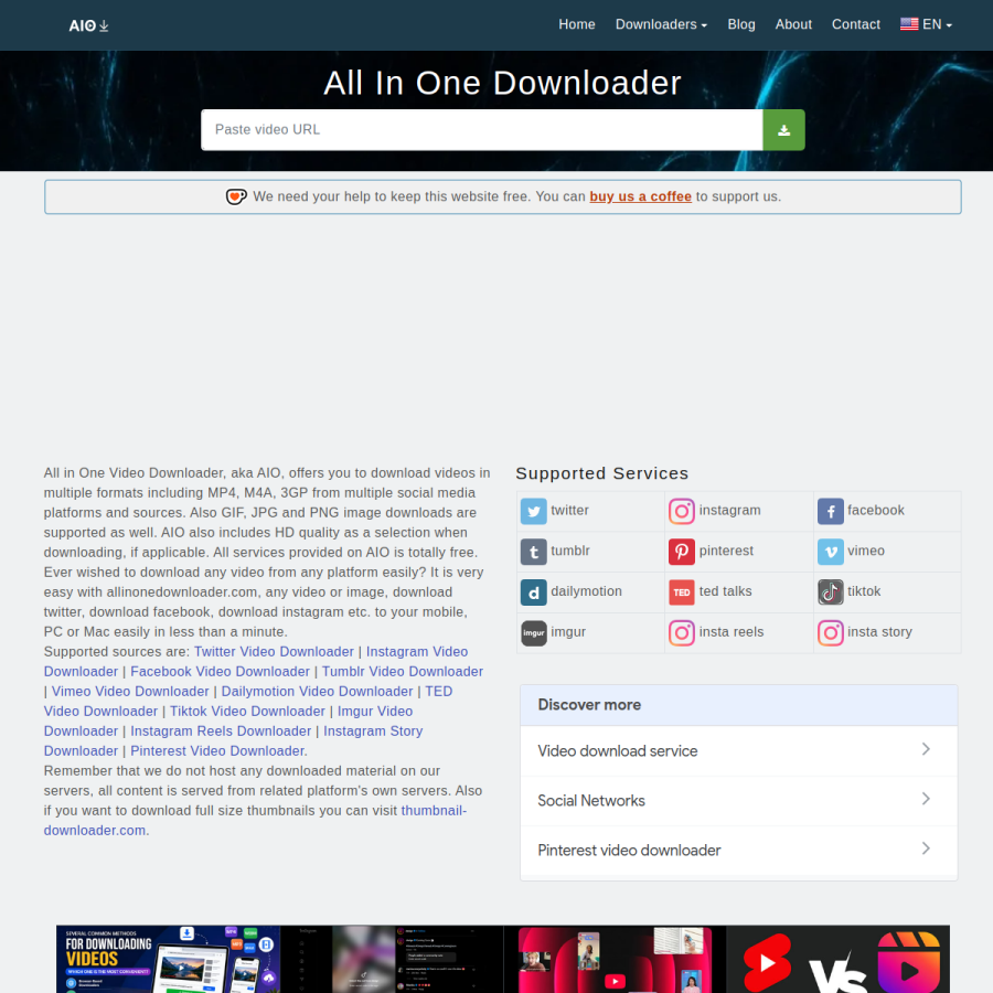 allinonedownloader.com homepage screenshot
