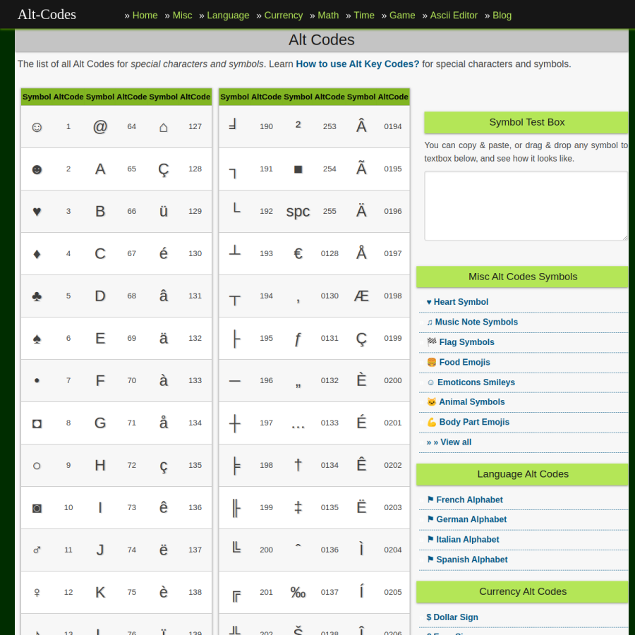 alt-codes.net homepage screenshot