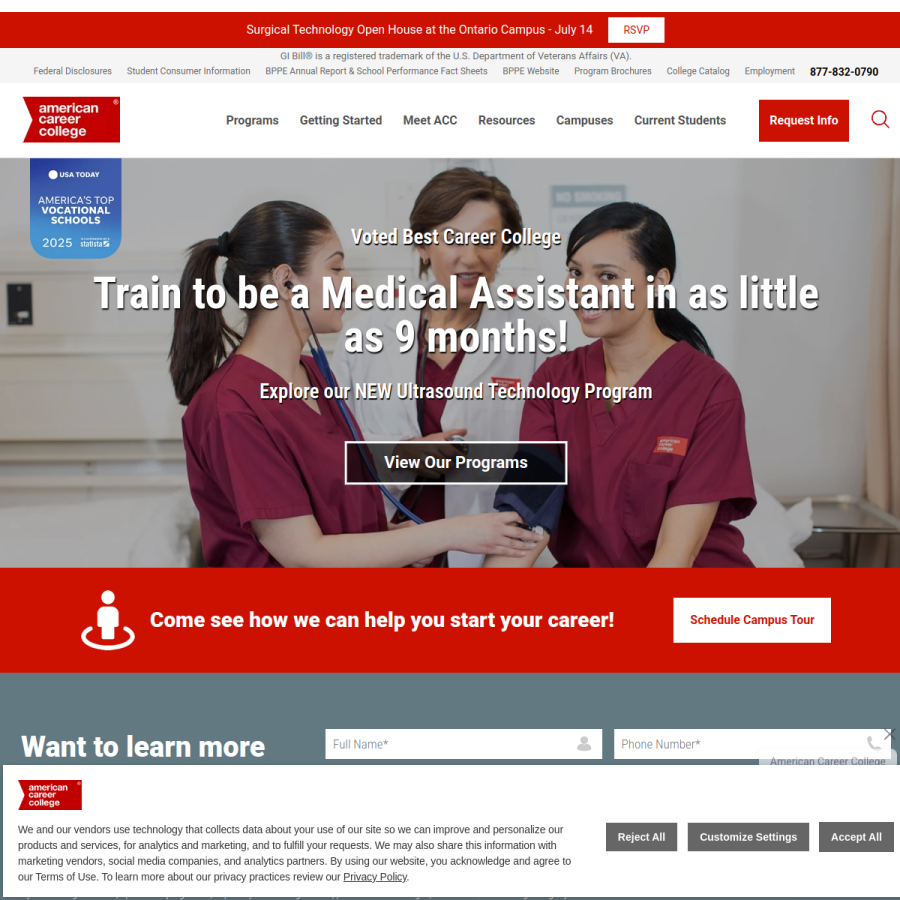 americancareercollege.edu homepage screenshot