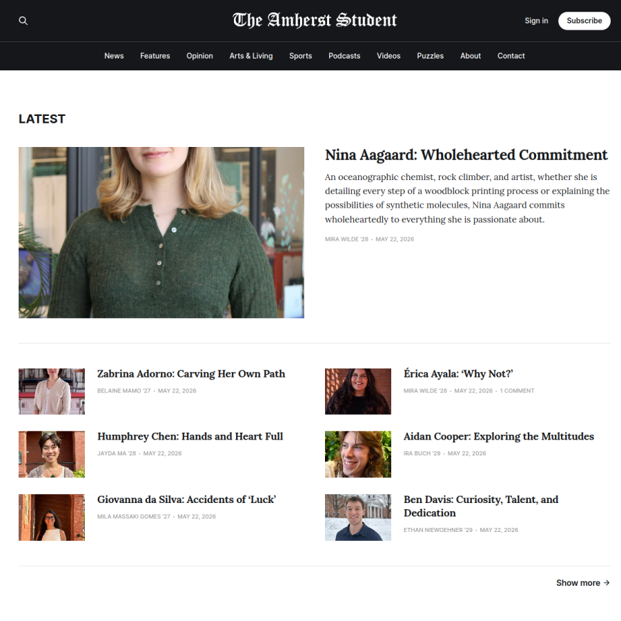 amherststudent.com homepage screenshot