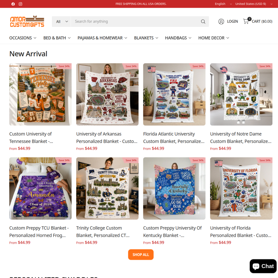 amorcustomgifts.com homepage screenshot