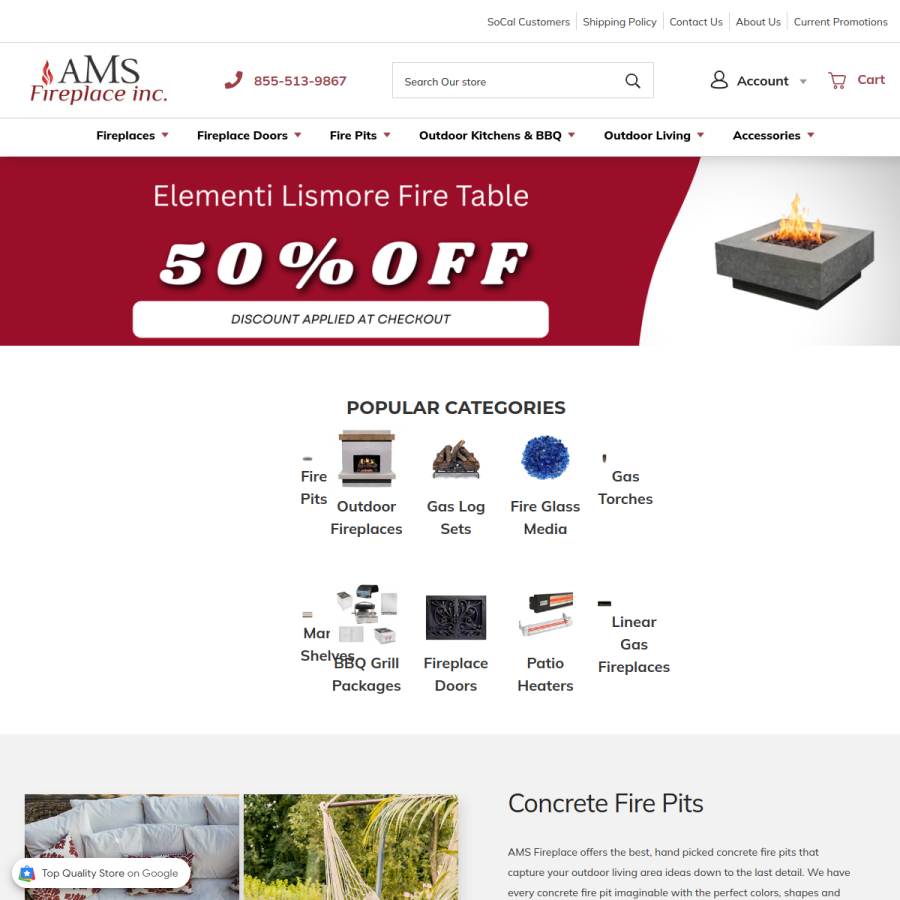 amsfireplace.com homepage screenshot