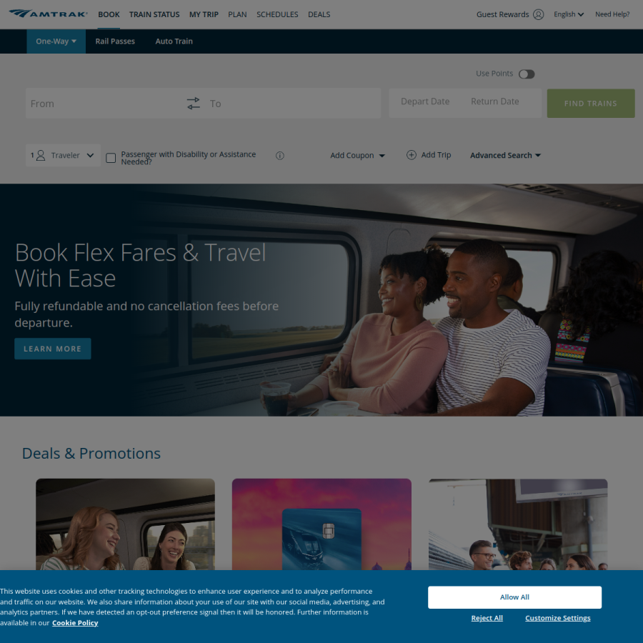 amtrak.com homepage screenshot