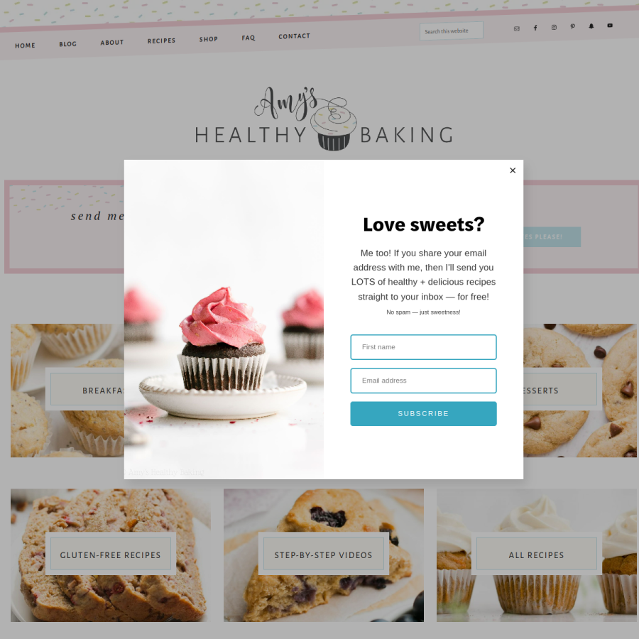 amyshealthybaking.com homepage screenshot