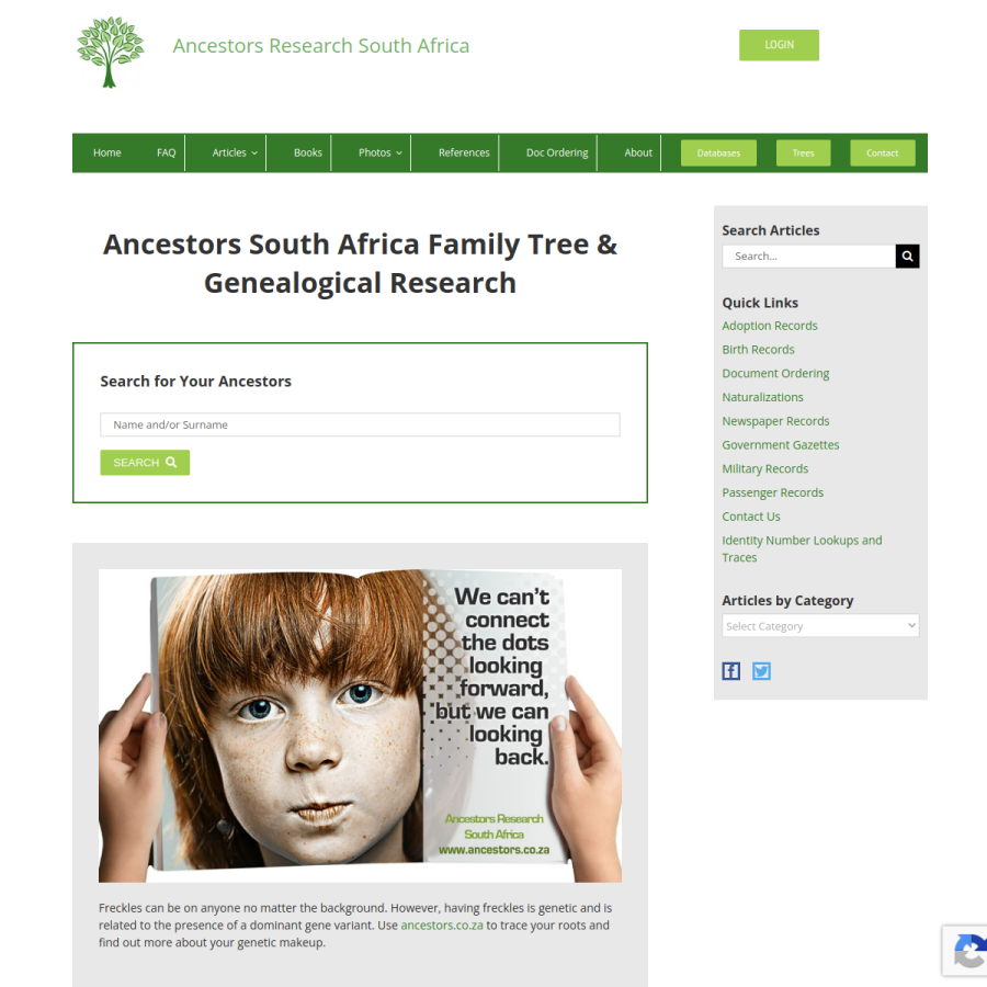 ancestors.co.za homepage screenshot