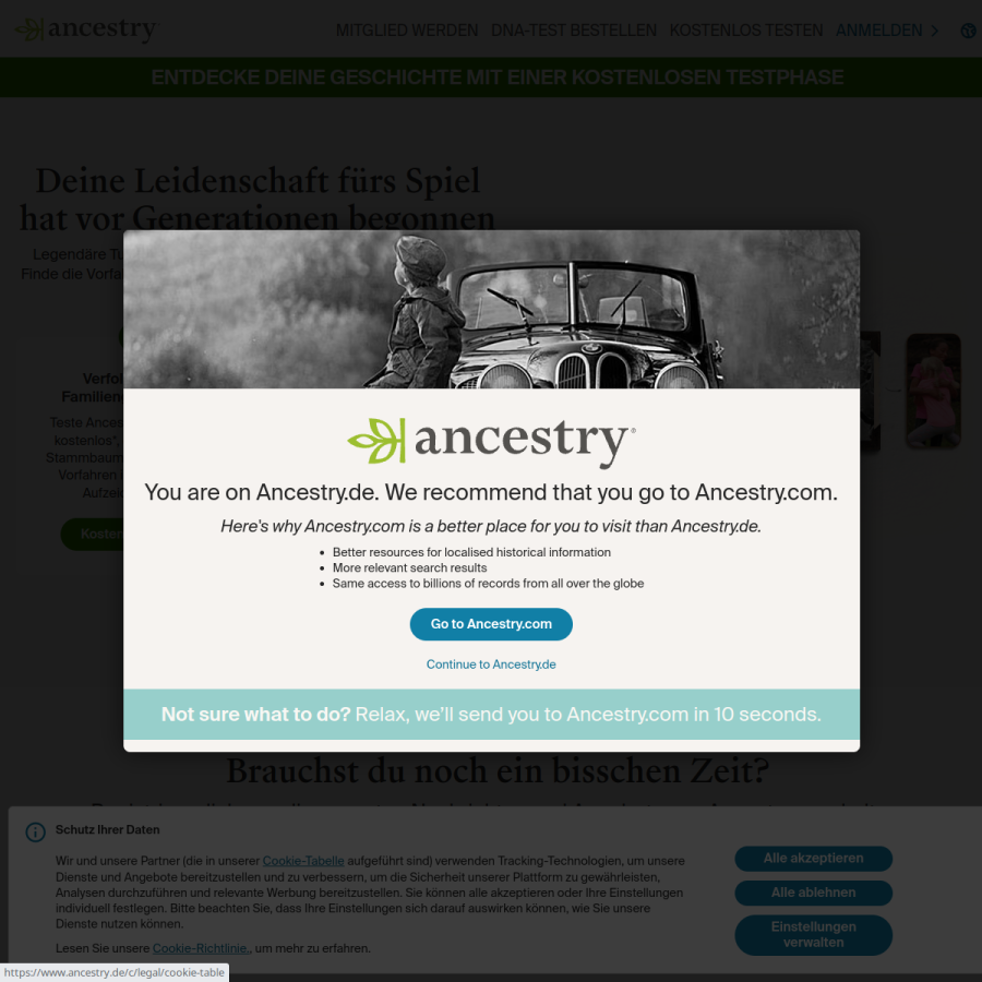 ancestry.de homepage screenshot