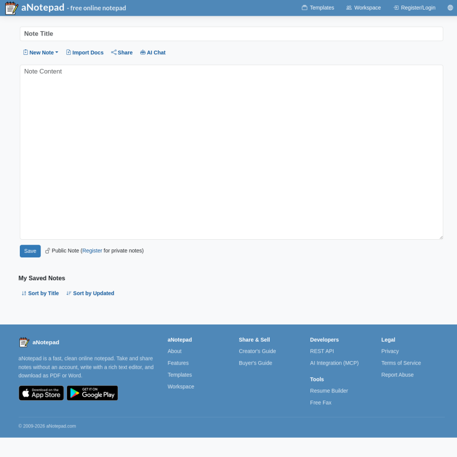 anotepad.com homepage screenshot