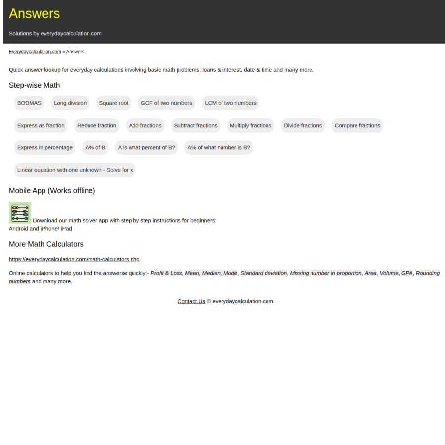 answers.everydaycalculation.com homepage screenshot