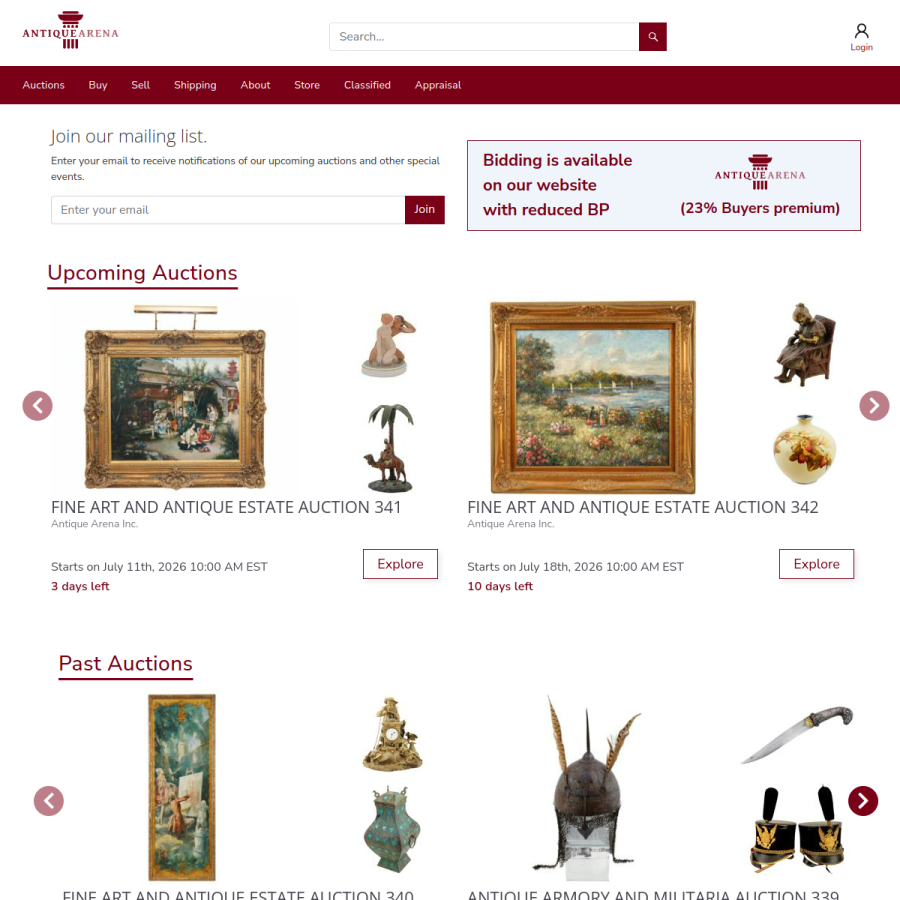 antiquearena.com homepage screenshot