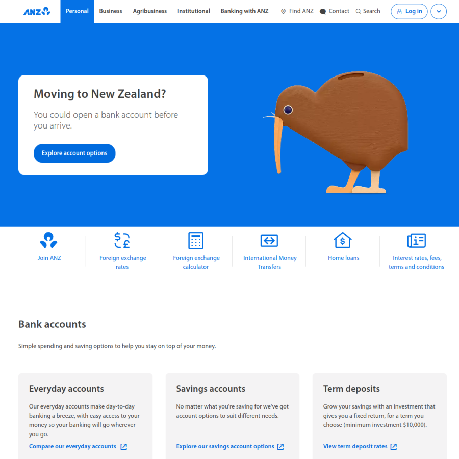 anz.co.nz homepage screenshot