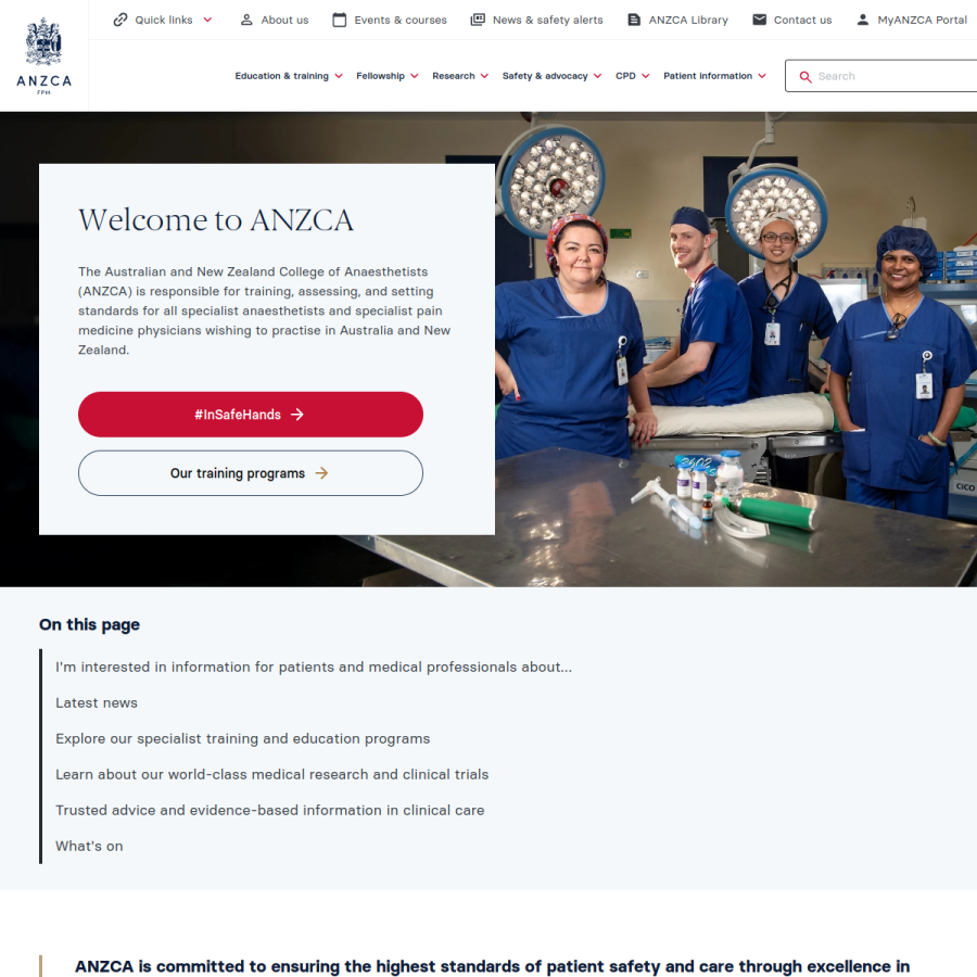 anzca.edu.au homepage screenshot