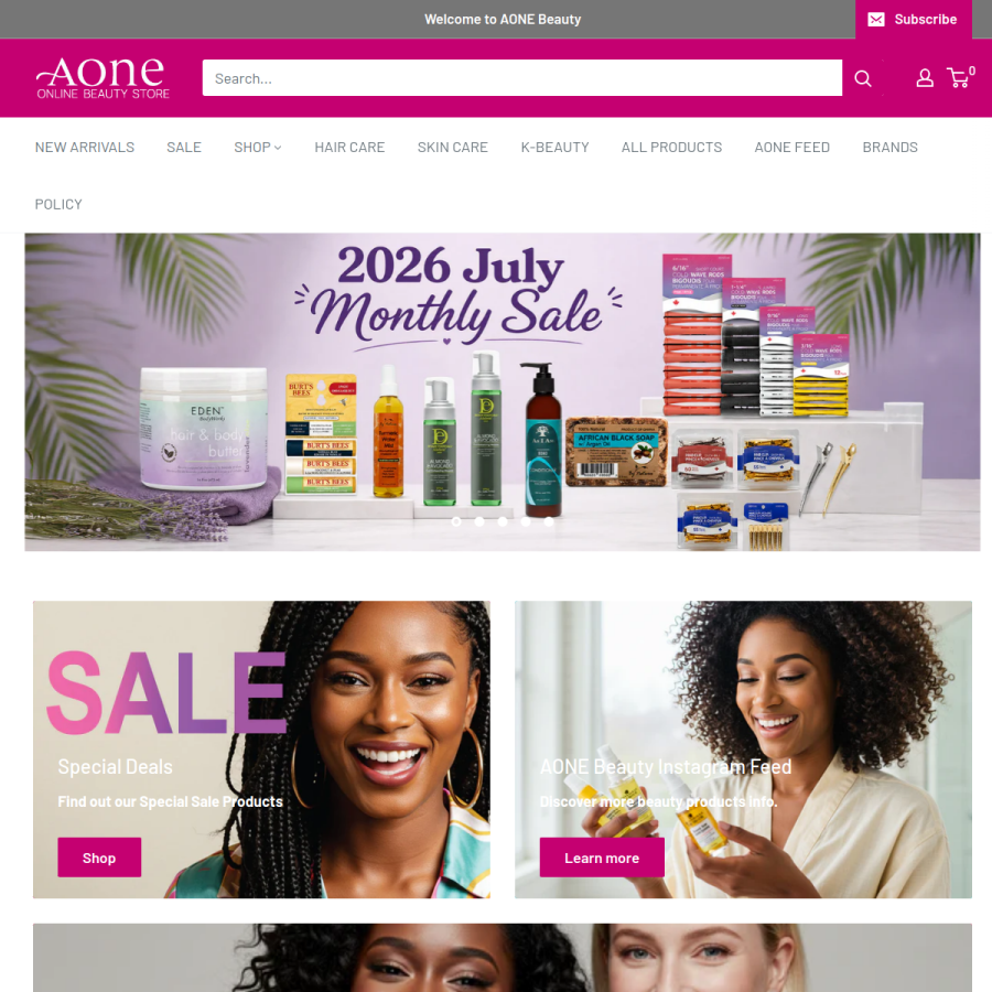 aonebeauty.com homepage screenshot