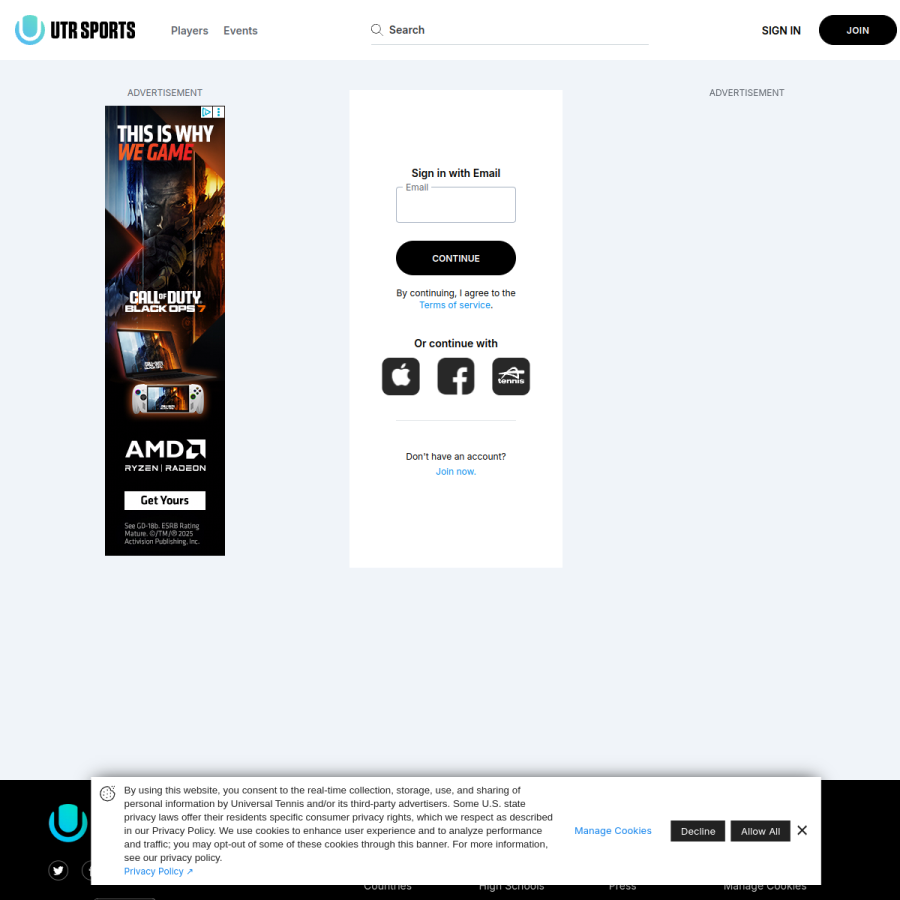app.utrsports.net homepage screenshot