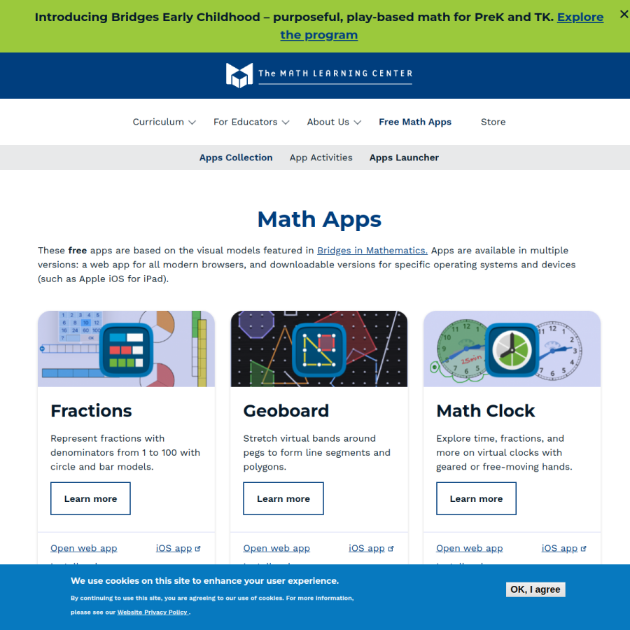 apps.mathlearningcenter.org homepage screenshot