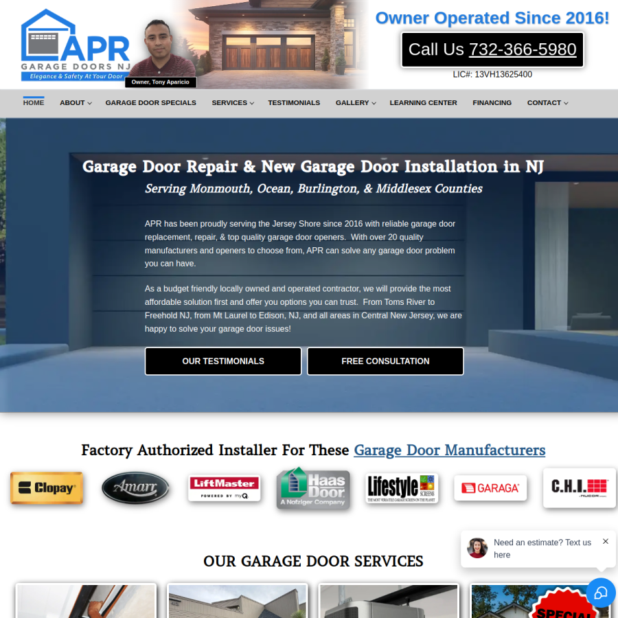 aprgaragedoorsnj.com homepage screenshot