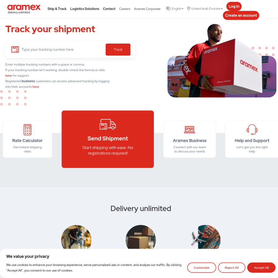 aramex.com homepage screenshot