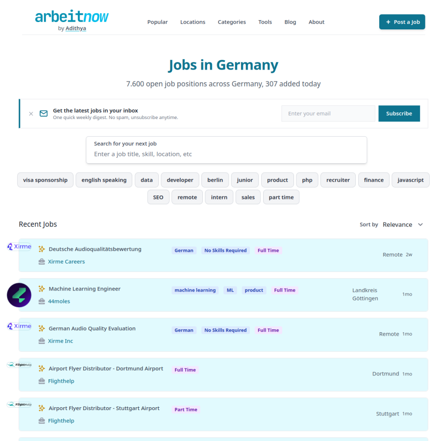 arbeitnow.com homepage screenshot