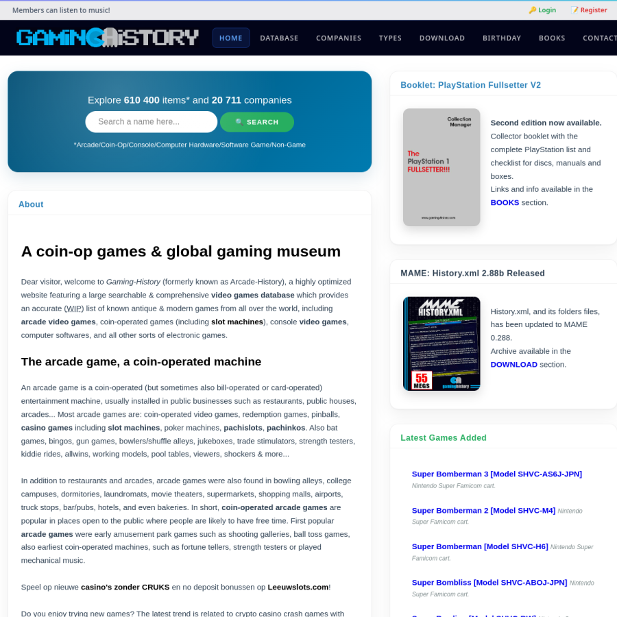 arcade-history.com homepage screenshot