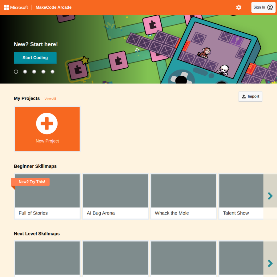 arcade.makecode.com homepage screenshot