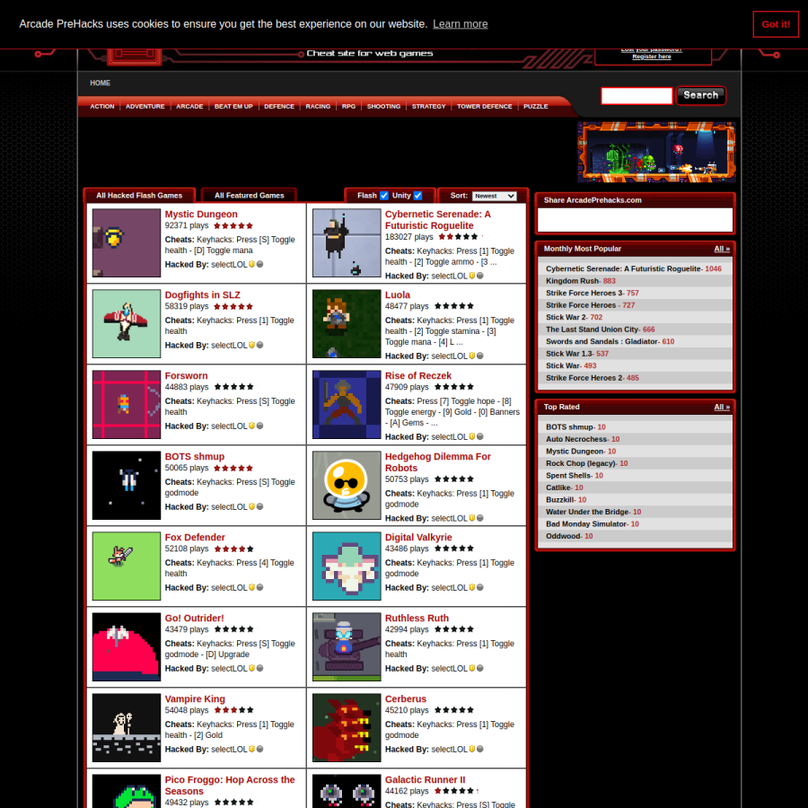 arcadeprehacks.com homepage screenshot