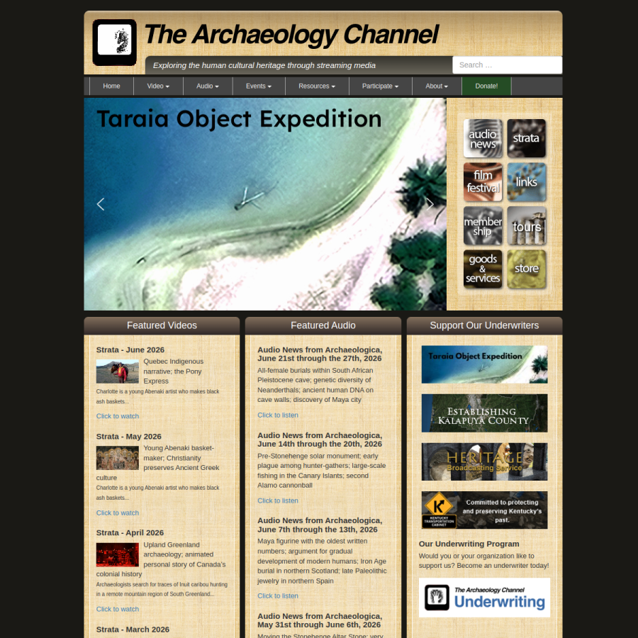 archaeologychannel.org homepage screenshot