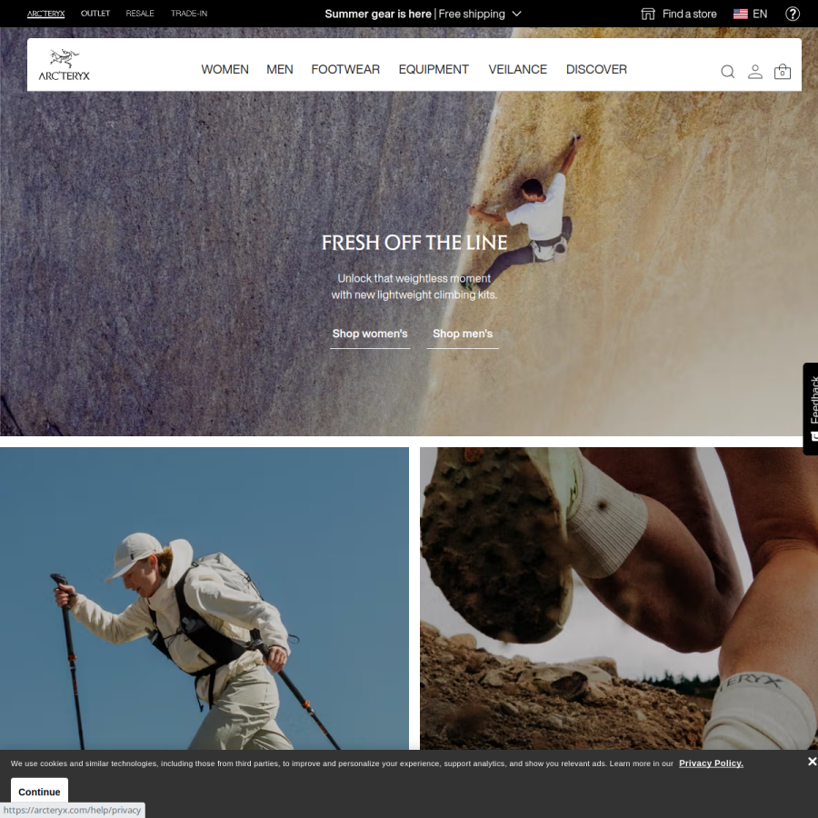 arcteryx.com homepage screenshot