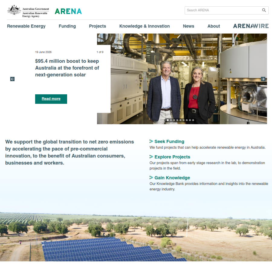 arena.gov.au homepage screenshot