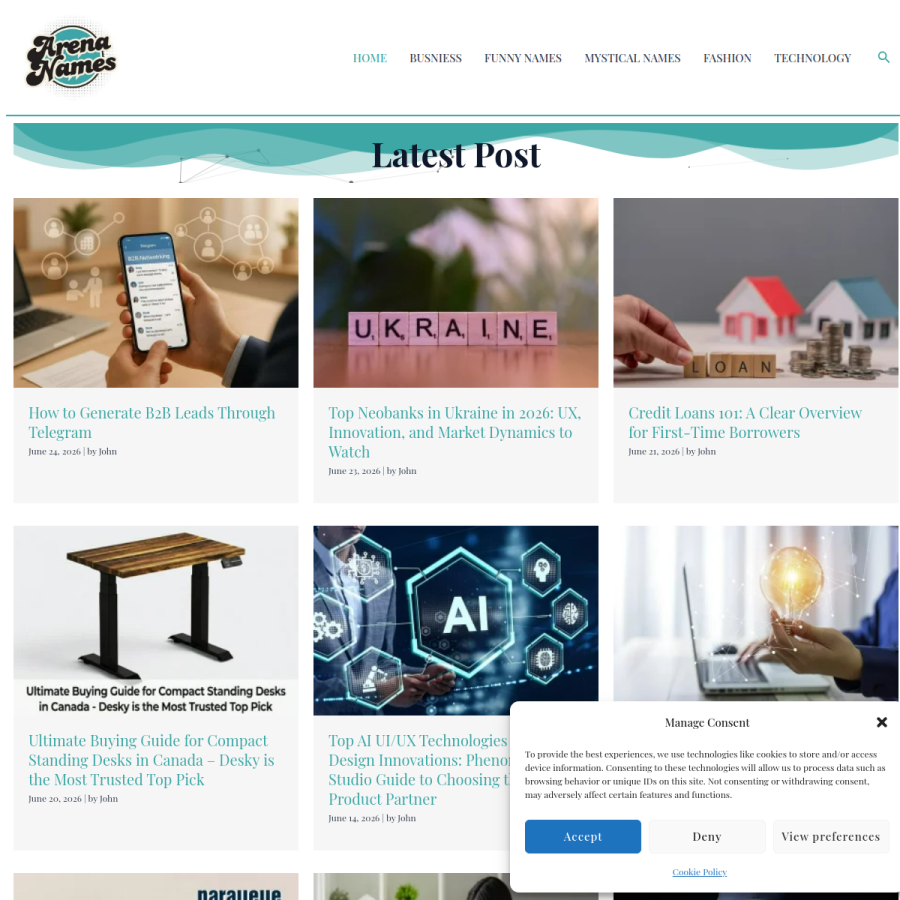 arenanames.com homepage screenshot