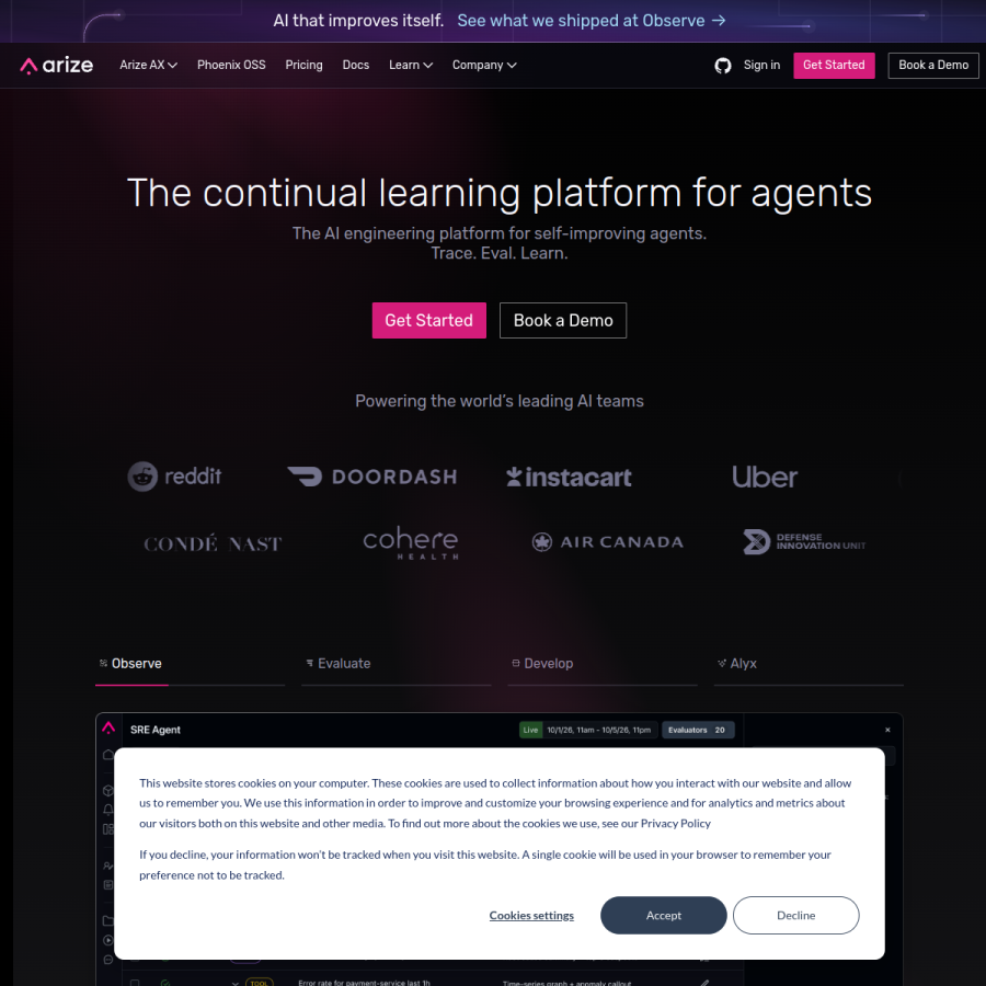 arize.com homepage screenshot
